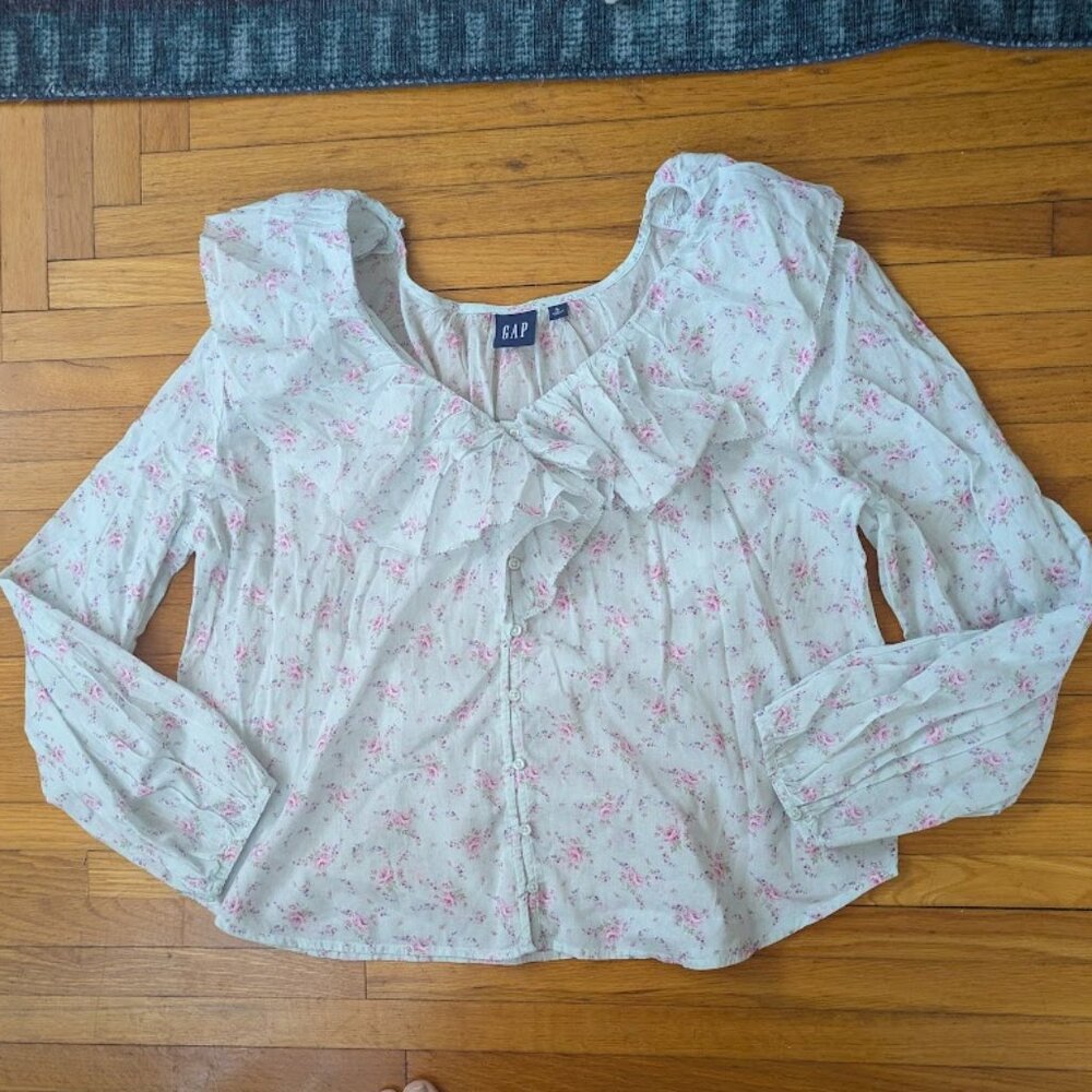 NWT GAP Women Sz L Shirt Blouse Green Pink Floral Ruffle Cottage 100% Cotton NEW